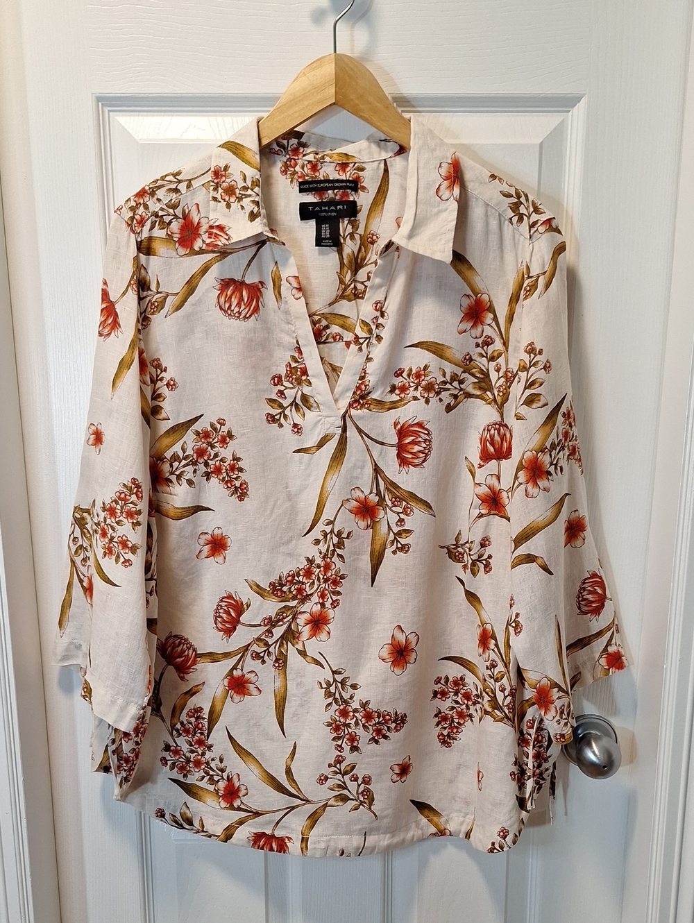 Tahari V-Neck Floral Linen Shirt with Rust and Olive Print
